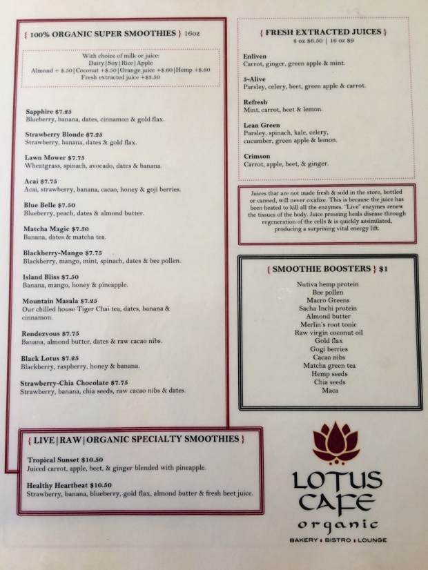 The Lotus Cafe menu in Jackson Hole, Wyoming