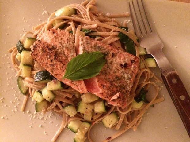 Salmon, pasta, and veggies, eating to run, food and fitness blog, half marathon training and eating